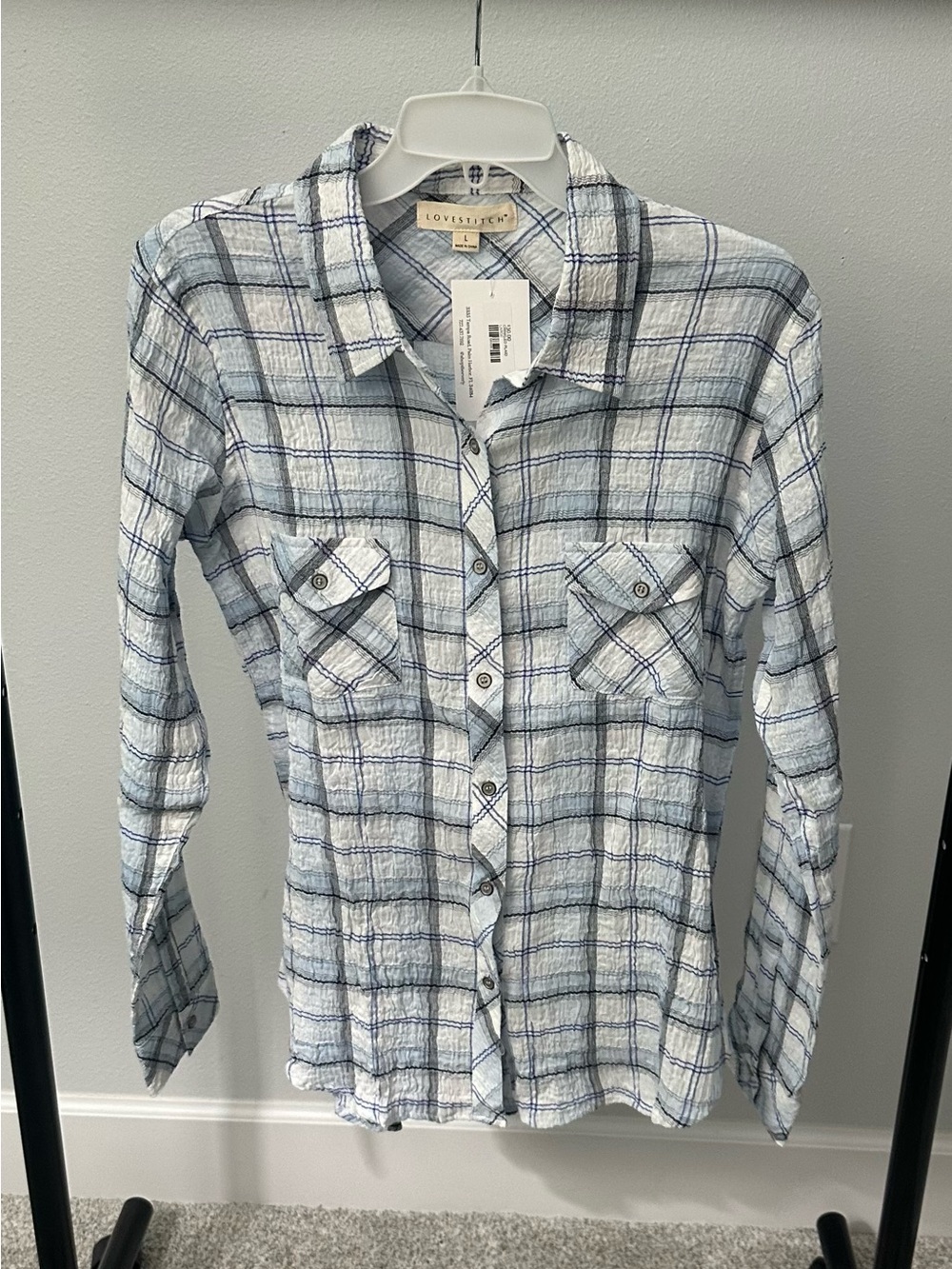 Lovestitch Women’s Light Blue and White Plaid Button-Down Shirt - size L